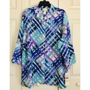 ALFRED DUNNER WOMEN'S TOP LATTICE PLAID BUTTON DOWN COLLARED NECK 3/4 SLEEVE 157